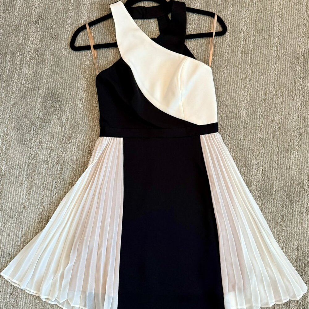 Backless, halter style, A-line dress with side-pleated skirt